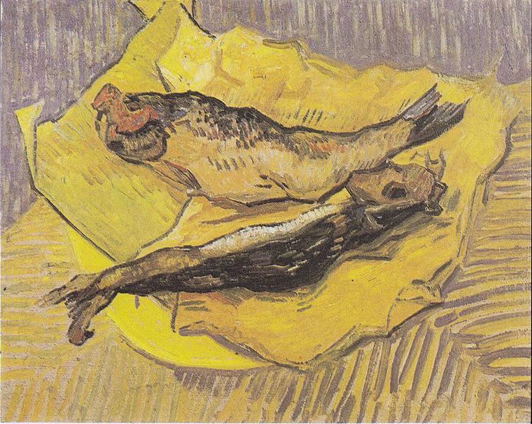 Vincent Van Gogh Still Life with smoked herrings on yellow paper oil painting image